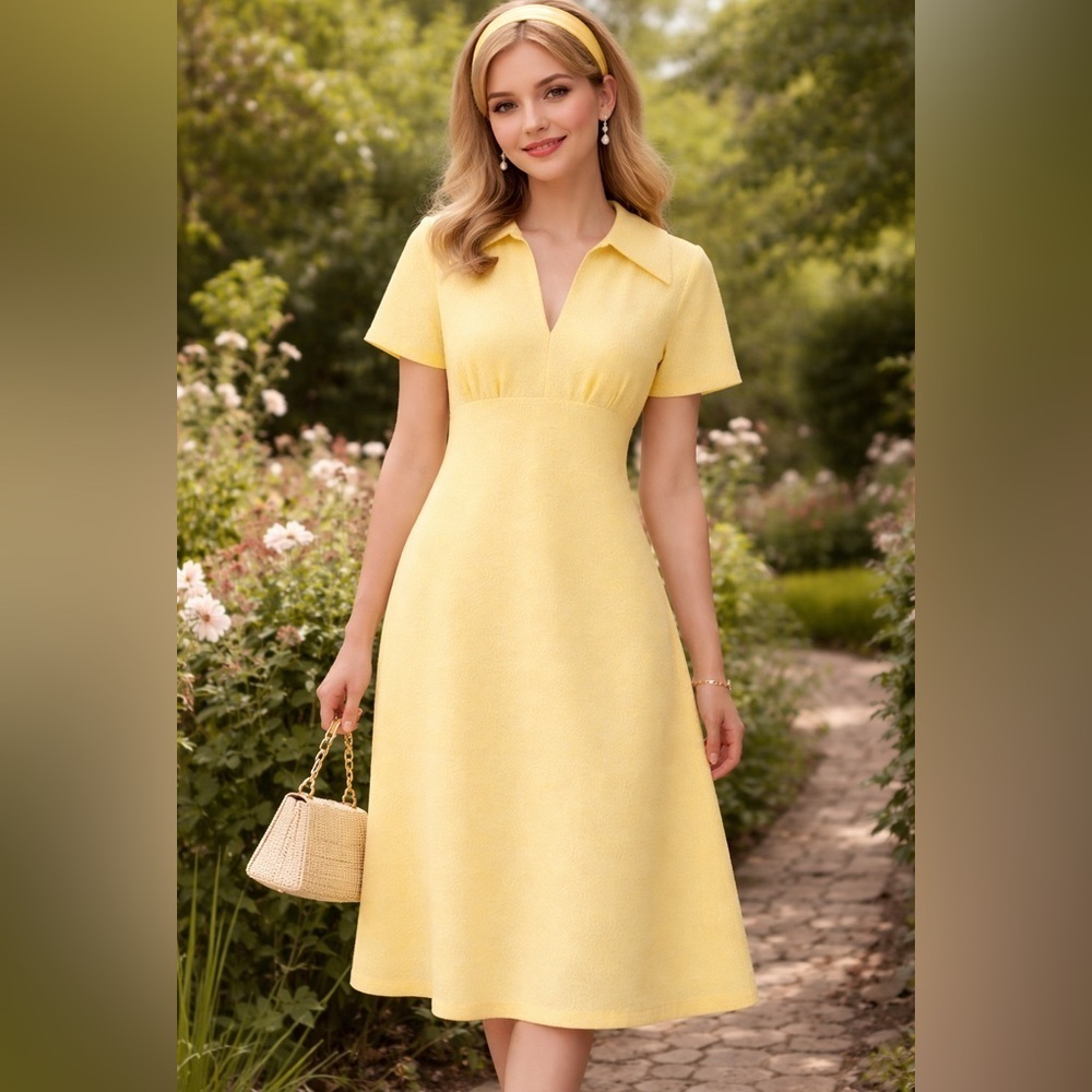 VINTAGE 60s Yellow Jacquard Empire Waist Mod Dress Large